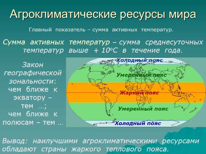 Агроклиматические ресурсы мира Главный  показатель – сумма  активных  температур. Сумма 